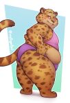  2022 anthro belly benjamin_clawhauser blush cheetah clothed clothing disney felid feline fur girly hi_res huge_thighs looking_back male mammal midriff mytigertail overweight overweight_male simple_background solo spots spotted_body spotted_fur thick_thighs zootopia 