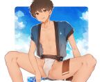  1boy :d absurdres abura_(euph4387) bangs bare_legs between_legs blush bottle brown_eyes brown_hair bulge collarbone day fundoshi groin hand_between_legs happi highres holding holding_bottle japanese_clothes looking_at_viewer male_focus navel nipples open_clothes original outdoors outside_border short_hair short_sleeves sitting smile solo spread_legs towel towel_on_legs water_bottle 