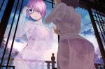  1girl :o ass bangs black-framed_eyewear bra day fate/grand_order fate_(series) from_below glasses hands_up highres indoros long_sleeves mash_kyrielight open_mouth panties pink_bra pink_hair pink_panties rain reflection see-through signature tree underwear vietnamese_dress wet wet_clothes wet_hair window yanngoto 