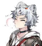  1boy animal_ears arknights bag bear_boy bear_ears bishounen blush chewing_gum choker close-up closed_eyes grey_hair highres infection_monitor_(arknights) jacket male_focus qanipalaat_(arknights) short_hair simple_background solo upper_body white_background yyb 