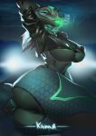  anthro areola backlighting barely_visible_genitalia barely_visible_pussy black_clothing black_topwear blue_clothing breasts butt clothed clothing fangs female genitals green_areola green_body green_scales hi_res light lighting looking_at_viewer narrowed_eyes nipple_outline open_mouth outside pussy scales scalie shermugi skimpy skyline solo topwear under_boob 