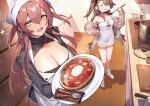  2girls alternate_costume azur_lane black_sweater breasts brown_hair brown_sweater cardigan cleavage cleavage_cutout closed_eyes clothing_cutout highres holding holding_tray indoors kitchen large_breasts long_hair long_sleeves looking_at_viewer mephist multiple_girls official_alternate_costume open_cardigan open_clothes open_mouth orange_hair pamiat_merkuria_(azur_lane) pamiat_merkuria_(caged_minx)_(azur_lane) sparkle sweater tray volga_(azur_lane) white_footwear yellow_eyes 