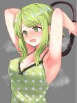  1girl @_@ absurdres armpits arms_behind_head blush breasts camisole cleavage exercise festa11307070 green_eyes green_hair highres morinaka_kazaki nijisanji open_mouth ring_fit_adventure simple_background solo sweat upper_body virtual_youtuber 