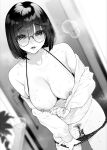  1girl absurdres bangs bare_shoulders bekotarou blurry blurry_background blush bra bra_pull breasts breasts_out clothes_pull collarbone cowboy_shot depth_of_field dutch_angle female_pubic_hair glasses greyscale groin hair_between_eyes heavy_breathing highres indoors large_breasts long_sleeves looking_at_viewer mole mole_under_mouth monochrome nipples off_shoulder open_mouth original panties panty_pull plant potted_plant pubic_hair pulled_by_self pussy_juice round_eyewear short_hair skindentation smile solo standing steaming_body sweat sweater sweater_pull thighs underwear 