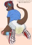  anthro blue_clothing blue_eyes blue_footwear blue_hair blue_nose blue_shirt blue_socks blue_topwear blush bodily_fluids brown_body brown_fur butt carnecalary clothed clothing diaper diaper_fetish embarrassed feces footwear full_diaper fur genital_fluids hair hi_res infantilism kneeling looking_at_viewer looking_back lutrine male mammal messing_diaper messy messy_diaper mustelid peeing peeing_in_diaper pink_body pink_fur pooping raised_tail rear_view red_hair_tips red_sneakers shirt shoes smelly sneakers socks soiled_diaper soiling soiling_diaper solo stained_diaper topwear urine wearing_diaper wet_diaper wetting wetting_diaper white_diaper 