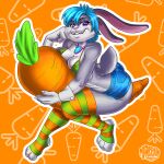  anthro big_breasts bikini bikini_top blue_hair bottomwear breasts carrot clothing female food hair hi_res hotpants jewelry lagomorph legwear leporid looking_at_viewer madbrainarts mammal minishorts necklace plant rabbit shorts solo swimwear vegetable 