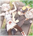  1boy 2girls animal_ears black_hair black_pantyhose cat_ears chest_jewel closed_eyes facial_mark gloves grey_hair midriff mio_(xenoblade) multiple_girls navel nia_(xenoblade) noah_(xenoblade) pantyhose ponytail short_hair skirt sleeping sleeping_on_person ui_frara whisker_markings white_gloves xenoblade_chronicles_(series) xenoblade_chronicles_3 