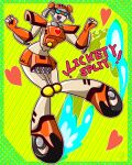  1girl 3356-10 blue_eyes breasts curvy green_background hasbro heart humanoid_robot lickety_split medium_breasts orange_skirt robot roller_skates skates skirt solo transformers transformers_animated 