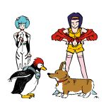  1:1 avian bird blue_hair bodysuit canid canine canis clothing cowboy_bebop crossover domestic_dog ein_(cowboy_bebop) faye_valentine female group hair hi_res human mammal neon_genesis_evangelion pen_pen_(evangelion) penguin penpen pilot_suit plugsuit purple_hair rei_ayanami skinsuit tight_clothing 