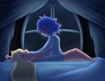 absurd_res anthro bed bedroom bingbingo_(artist) blue_body blue_hair breasts cervid covering covering_mouth deltarune doe_with_antlers duo eyes_closed female freckles furniture glowing glowing_eyes hair hair_over_eyes hand_on_breast hi_res human kris_(deltarune) looking_at_another lying male mammal night nipples noelle_holiday nude on_top red_eyes undertale_(series) video_games window 