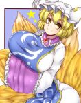 1girl absurdres animal_ears blonde_hair breasts dress fox_ears fox_tail frilled_dress frills hat highres huge_breasts long_sleeves multiple_tails norori pillow_hat short_hair solo tabard tail touhou white_dress white_headwear wide_sleeves yakumo_ran yellow_eyes 