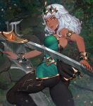  1girl bangs black_pants blunt_bangs bracelet breasts cleavage dark-skinned_female dark_skin gem gold_bracelet green_nails green_shirt holding holding_weapon huge_weapon jewelry lavelis league_of_legends lips looking_to_the_side makeup necklace pants qiyana_(league_of_legends) shirt solo tiara weapon white_hair yellow_eyes 