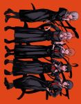  5girls alternate_costume angry black_choker black_eyes black_hair black_skirt brown_footwear chainsaw_man choker closed_mouth demon_horns eyepatch full_body grey_hair hand_on_hip hand_on_own_chin higashiyama_kobeni highres horns loafers long_hair long_skirt long_sleeves looking_at_viewer low_ponytail makima_(chainsaw_man) middle_finger multiple_girls neckerchief open_mouth orange_background orange_eyes orange_hair pantyhose pink_hair pleated_skirt ponytail power_(chainsaw_man) quanxi_(chainsaw_man) red_horns red_neckerchief reze_(chainsaw_man) ruyu_(txzy22) sailor_collar school_uniform shoes short_hair sketch skirt 