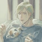  1boy blonde_hair blue_eyes blue_shirt calico cat cat_on_chest commentary_request jujutsu_kaisen male_focus nanami_kento nekoyanaginekoko pillow shirt short_hair solo sweatdrop upper_body 