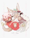  2others :3 :d animal_ears brown_fur commentary_request copyright_name ears_through_headwear fake_horns fangs full_body furry grey_background grey_hair hand_up helmet highres horizontal_pupils horned_helmet horns in_container in_pot mitty_(made_in_abyss) multiple_others nanachi_(made_in_abyss) negomori open_mouth pants pink_eyes pouch puffy_pants red_pants red_pupils short_hair smile tail topless twitter_username whiskers yellow_eyes 