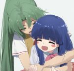  arms_around_waist aru_aru bangs closed_eyes green_eyes green_hair hands_on_another&#039;s_arm happy higurashi_no_naku_koro_ni light_blush long_hair neckerchief necktie open_mouth ponytail red_neckerchief red_necktie shirt sonozaki_mion suspenders very_long_hair vest white_shirt 