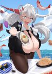  1girl absurdres apron asymmetrical_horns azur_lane bent_over between_breasts black_necktie black_skirt breasts brown_pantyhose center_opening cleavage corrupted_file fangs fish food gigantic_breasts gloves hair_on_horn hakuryuu_(azur_lane) hakuryuu_(slice_dice_and_serve)_(azur_lane) highres holding holding_food holding_plate horns long_hair looking_at_viewer microskirt multiple_horns necktie necktie_between_breasts noe_(ppppriver) official_alternate_costume one_knee open_mouth outdoors pantyhose plate red_horns short_sleeves skirt slit_pupils solo summer sword sword_behind_back thighband_pantyhose very_long_hair water weapon white_apron white_eyes white_gloves white_hair white_horns 