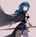  1girl artist_name bangs belt black_belt black_cape black_pantyhose black_shorts blue_eyes blue_hair breasts byleth_(fire_emblem) byleth_(fire_emblem)_(female) cape closed_mouth clothing_cutout commentary dagger english_commentary fire_emblem fire_emblem:_three_houses highres holding holding_sword holding_weapon knife lavelis lips long_hair looking_at_viewer medium_breasts navel navel_cutout pantyhose sheath sheathed short_shorts shorts simple_background smile solo sword sword_of_the_creator weapon 