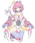  1girl ahoge blush bob_cut breasts cleavage covered_navel crown curvy cutout_above_navel full_body gradient_hair green_eyes groin heterochromia highres himemori_luna hololive large_breasts looking_at_viewer mechanical_arms medium_hair mini_crown multicolored_hair pelvic_curtain pink_hair power_armor purple_eyes purple_hair purple_thighhighs simple_background skin_tight solo thighhighs tilted_headwear virtual_youtuber white_background wide_hips yubinobansoukoo 
