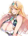  1girl absurdres adapted_costume bangs bare_shoulders blonde_hair blush breasts chest_jewel cleavage cleavage_cutout clothing_cutout dress earrings headpiece highres huge_breasts jewelry long_hair mythra_(xenoblade) swept_bangs tiara ug333333 upper_body very_long_hair white_dress xenoblade_chronicles_(series) xenoblade_chronicles_2 yellow_eyes 