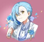  1other ambiguous_gender androgynous blue_flower blue_hair bouquet closed_mouth collared_shirt cropped_torso flower grey_shirt grey_vest hair_between_eyes holding holding_bouquet jacket necktie open_clothes open_jacket rimuru_tempest shiny shiny_hair shirt shoura striped striped_vest tensei_shitara_slime_datta_ken upper_body vertical-striped_vest vertical_stripes vest white_jacket white_necktie wing_collar yellow_eyes 