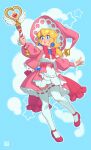  1girl absurdres alternate_costume artist_name blonde_hair blue_background blue_eyes earrings full_body hat high_heels highres holding holding_wand jewelry lips long_hair long_sleeves looking_at_viewer mario_(series) parted_lips pink_footwear pink_headwear princess_peach riz solo thighhighs wand white_thighhighs witch witch_hat 