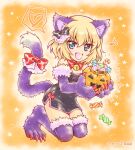  1girl :d animal_ears animal_hands artist_logo bangs bare_shoulders bell black_bow black_bowtie black_dress blonde_hair blue_eyes bob_cut boots bow bowtie candy commentary dress eighth_note elbow_gloves fang food full_body fur_footwear girls_und_panzer gloves hair_bow halloween halloween_bucket halloween_costume heart holding holding_candy holding_food jingle_bell katyusha_(girls_und_panzer) kneeling kuromori_yako looking_at_viewer musical_note neck_bell open_mouth orange_background paw_gloves paw_shoes purple_footwear red_bow red_bowtie short_dress short_hair smile solo spoken_heart star_(symbol) strapless strapless_dress tail tail_bow tail_ornament thigh_boots 