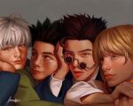  4boys androgynous black_hair blonde_hair blue_eyes brown_hair child closed_mouth commentary english_commentary formal freckles glasses gon_freecss grey_background hunter_x_hunter killua_zoldyck kurapika laurarts_23 leorio_paladiknight long_sleeves looking_at_another looking_at_viewer male_child male_focus multiple_boys short_hair simple_background smile suit sunglasses white_hair 