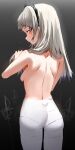  1girl arknights ass backboob bangs bare_back breasts cowboy_shot from_behind grey_eyes grey_hair head_wings highres irene_(arknights) long_hair looking_at_viewer looking_back panties panties_under_pantyhose pantyhose parted_lips raw_egg_lent red_pupils scar scar_across_eye sideways_glance small_breasts solo standing topless underwear white_pantyhose 