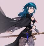  1girl artist_name bangs belt black_belt black_cape black_pantyhose black_shorts blue_eyes blue_hair breasts byleth_(fire_emblem) byleth_(fire_emblem)_(female) cape closed_mouth clothing_cutout dagger fire_emblem fire_emblem:_three_houses highres holding holding_sword holding_weapon knife lavelis lips long_hair looking_at_viewer medium_breasts navel navel_cutout pantyhose sheath sheathed short_shorts shorts simple_background smile solo sword sword_of_the_creator weapon 
