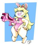  2022 anthro blonde_hair blue_eyes box_chan clothed clothing crossover eyeshadow female fur hair hi_res lagomorph looking_at_viewer makeup mammal mario_bros mario_plus_rabbids_kingdom_battle nintendo rabbid rabbid_peach raving_rabbids rayman_(series) simple_background smile smiling_at_viewer solo standing tooth_gap ubisoft video_games white_body white_fur 