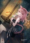  1girl animal_ears avatar_(ff14) bar_stool black_dress bow breasts cat_ears cat_girl cat_tail commission cup dress drinking_glass final_fantasy final_fantasy_xiv hair_bow highres light_brown_hair looking_at_viewer medium_breasts medium_hair miqo&#039;te on_stool pink_eyes pink_hair round_table saiko_(saisaka) sitting skeb_commission smile stool strapless strapless_dress table tail 