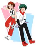  1boy 1girl amamiya_ren amamiya_ren_(cosplay) anah_41 black_pants blush boku_no_hero_academia bracelet breasts brown_eyes brown_hair closed_mouth commentary commission cosplay crossover english_commentary freckles full_body green_eyes green_hair hands_in_pockets highres jewelry midoriya_izuku midriff navel neckerchief one_eye_closed pants persona persona_4:_dancing_all_night persona_5 print_shirt red_footwear red_neckerchief red_pants shirt shoes short_hair smile sneakers star_(symbol) star_print takamaki_anne takamaki_anne_(cosplay) uraraka_ochako white_background white_footwear white_shirt 