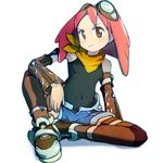  aero alchera boots brown_eyes detached_sleeves goggles goggles_on_head pink_hair rockman rockman_dash rockman_dash_3 shorts solo thighhighs 