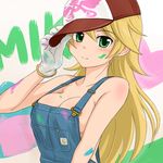 bad_id bad_pixiv_id blonde_hair blush breasts cleavage denim gloves green_eyes hat hoshii_miki idolmaster idolmaster_(classic) large_breasts long_hair naked_overalls no_bra overalls paint punto solo 