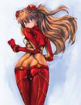  :o ass blue_eyes bodysuit boyaking brown_hair butt_crack long_hair looking_back multicolored multicolored_bodysuit multicolored_clothes neon_genesis_evangelion orange_bodysuit plugsuit rebuild_of_evangelion red_bodysuit shikinami_asuka_langley skin_tight solo souryuu_asuka_langley test_plugsuit thigh_gap 