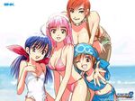  4girls asamiya_athena bandana bikini blue_hair blue_sarong bow breasts cleavage collar fatal_fury futaba_hotaru hair_bow headband large_breasts long_hair mark_of_the_wolves medium_breasts multiple_girls navel one_eye_closed open_mouth pants pink_hair red_hair rimururu samurai_spirits sarong small_breasts smile snk swimsuit tank_top the_king_of_fighters tonko vanessa_(king_of_fighters) 