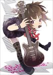  bad_id bad_pixiv_id bracelet brown_hair electric_guitar guitar instrument jewelry leaning_forward maejima mouth_hold original paper plectrum purple_eyes shoes short_hair short_sleeves solo thighhighs zettai_ryouiki 