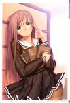  absurdres adjusting_eyewear arm_up book book_hug brown_legwear copyright_request frontier glasses highres holding holding_book long_hair long_sleeves looking_at_viewer pantyhose parted_lips pleated_skirt school_uniform skirt solo tanaka_takayuki thighband_pantyhose 