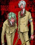  2boys brothers double_gold_spandex english fang frown genderswap glasses green_hair grin horns kneesocks_(character) kneesocks_(psg) multiple_boys necktie open_mouth panty_&amp;_stocking_with_garterbelt pixiv_thumbnail resized scanty scanty_(psg) school_uniform short_hair siblings simple_background smile white_hair yellow_eyes 