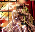  1boy 1girl black_hair c.c. cc cloak code_geass couple detached_sleeves female green_hair hair_ornament hat lelouch_lamperouge long_hair male military military_uniform purple_eyes short_hair sitting smile sword uniform weapon window witchonly yellow_eyes 