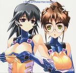  ayamine_kei black_hair bodysuit bou brown_hair eyebrows glasses multiple_girls muvluv pilot_suit sakaki_chizuru 