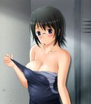  bad_id bad_pixiv_id bare_shoulders black_hair blue_eyes blush breasts cleavage glasses large_breasts one-piece_swimsuit school_swimsuit shian_(my_lonly_life.) short_hair solo strap_pull swimsuit undressing yorihime_nao yosuga_no_sora 