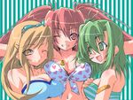  :d ;) bandaid bandaid_on_arm beatmania breast_rest breasts brown_eyes brown_hair front-tie_top glasses green_eyes green_hair grin heart heart_print kagurazaka_nagu kitami_erika large_breasts long_hair mizushiro_celica multiple_girls one_eye_closed open_mouth outstretched_arms red_eyes red_hair smile spread_arms striped striped_background twintails umegiri_iroha upper_body vertical-striped_background vertical_stripes 