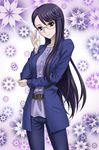  adjusting_eyewear belt formal glasses hair_ornament hairclip heartcatch_precure! hida_tatsuo long_hair precure purple_eyes purple_hair smile solo suit tsukikage_yuri 