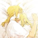  1girl bad_id bad_pixiv_id blonde_hair braid closed_eyes couple earrings edward_elric fullmetal_alchemist hetero hug jewelry long_hair lying ponytail sleeping tsukuda0310 winry_rockbell 