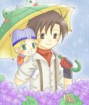  2boys artist_request blonde_hair brown_eyes brown_hair green_eyes harvest_moon jack_(harvest_moon) lowres muffy&#039;s_son muffy's_son multiple_boys 