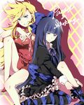  bad_id bad_pixiv_id blonde_hair blue_eyes blue_hair bow bracelet dress hair_bow jewelry long_hair mitsu_yomogi multiple_girls panties panty_&amp;_stocking_with_garterbelt panty_(psg) red_dress smile stocking_(psg) striped striped_legwear thighhighs underwear 