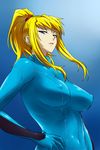 blonde_hair blue blue_background blue_eyes bodysuit breasts covered_nipples hand_on_hip high_ponytail large_breasts looking_at_viewer metroid michael ponytail samus_aran serious sidelocks simple_background solo zero_suit 