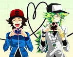  &lt;3 2boys black_(pokemon) blush bracelet bracelets brown_hair closed_eyes embarrassed eyes_closed green_eyes green_hair happy heart heart_hands jewelry long_hair multiple_boys n_(pokemon) necklace open_mouth pokemon pokemon_(game) pokemon_black_and_white pokemon_bw short_hair smile touya_(pokemon) 